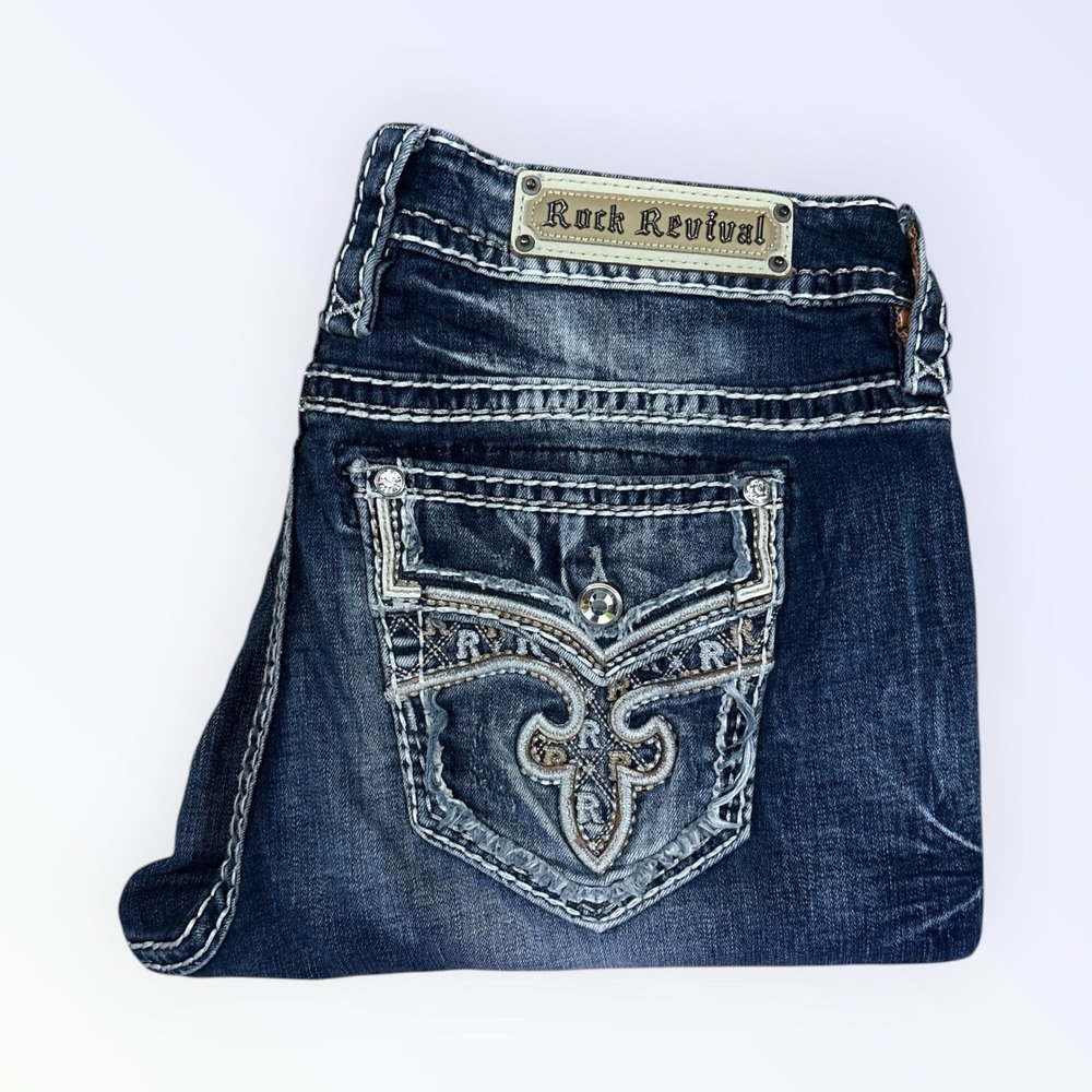 Rock Revival Rosewood Easyboot Jeans Women 31 Blue Stretch Embellished Denim